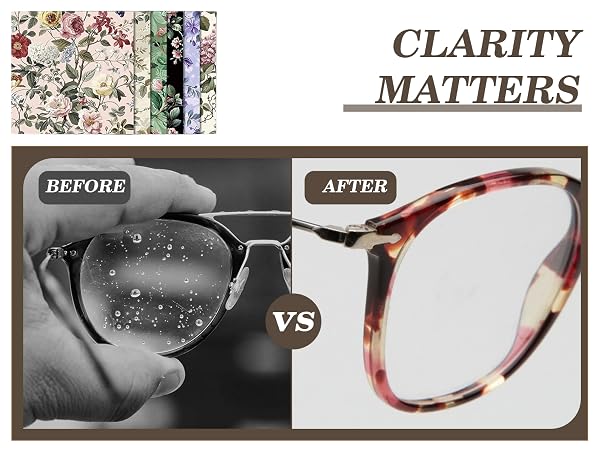 Text reads: 'CLARITY MATTERS'. Before/after comparison of eyeglass lenses, showing foggy lens versus clear lens, with floral pattern header design.