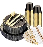 Bestluck 350 PCS Black and Gold Plastic Plates, Disposable Dinnerware Set for 50 Guests, 100 Disp...