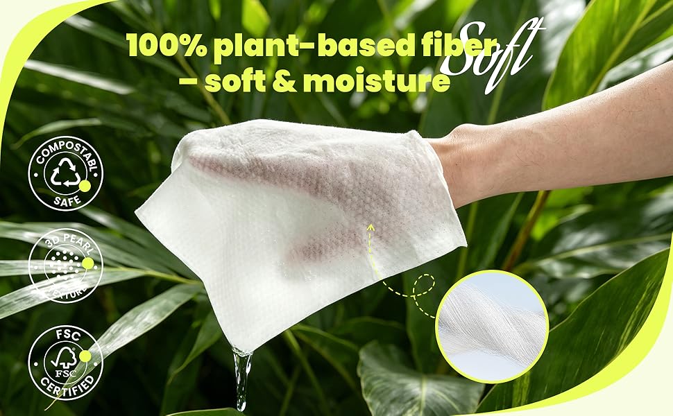 Pearl-textured wipe, plant fibers, FSC-certified. From nature to clean.