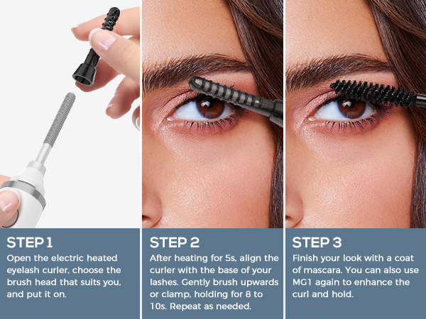 Three-step guide for using an eyelash curler. Shows curler application, positioning on lashes, and final mascara application for enhanced lash appearance.
