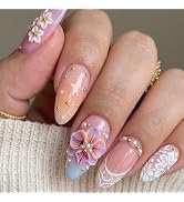3D Flower Press on Nails Almond - Medium Lace French Tip Fake Nails with Pearl Gold Bead Designs,...