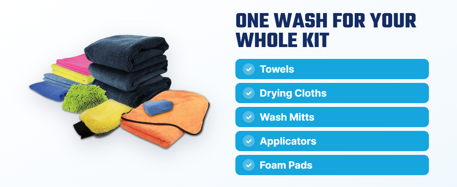 Cleans detailing towels, drying towels, buffing towels, and wash mitts.