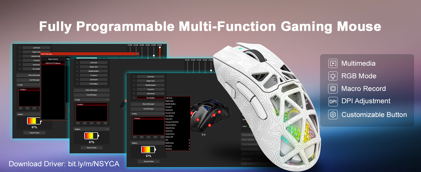Programmable wireless mouse supporting custom macro settings for gamers and creators
