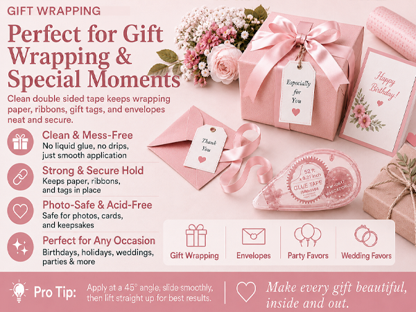 Gift tape and double sided tape roller for tags, envelopes and wrap