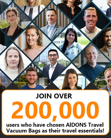 Text reads 'JOIN OVER 200,000 users who have chosen AJIORK Travel Vacuum Bags as their travel essentials!' Grid of profile photos showing multiple users.