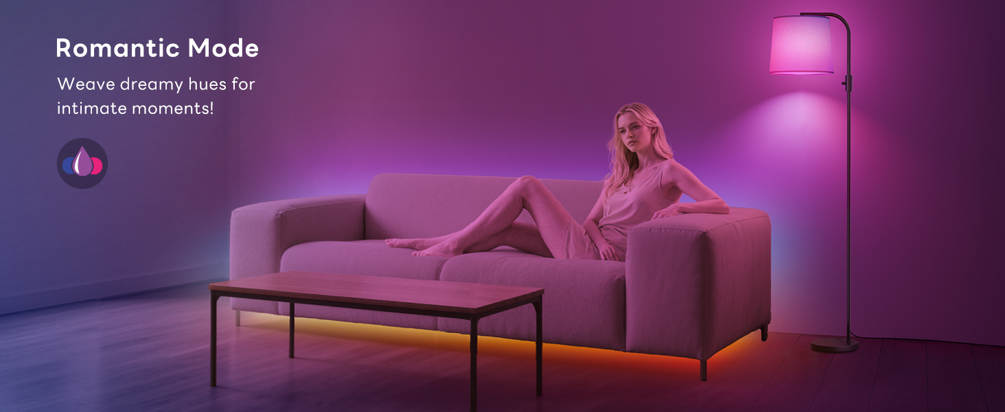 Text reads 'Romantic Mode'. Purple-lit room interior featuring modern furniture with LED lighting creating ambient atmosphere.