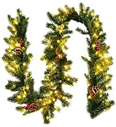 Goplus 9FT Pre-lit Christmas Garland with 100 LED Lights, Timer, Pine Cones and Red Berries, for ...