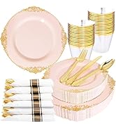 Nervure 175PCS Pink Plastic Plates - Disposable Pink Gold Party Plates & Pre Rolled Napkins with ...