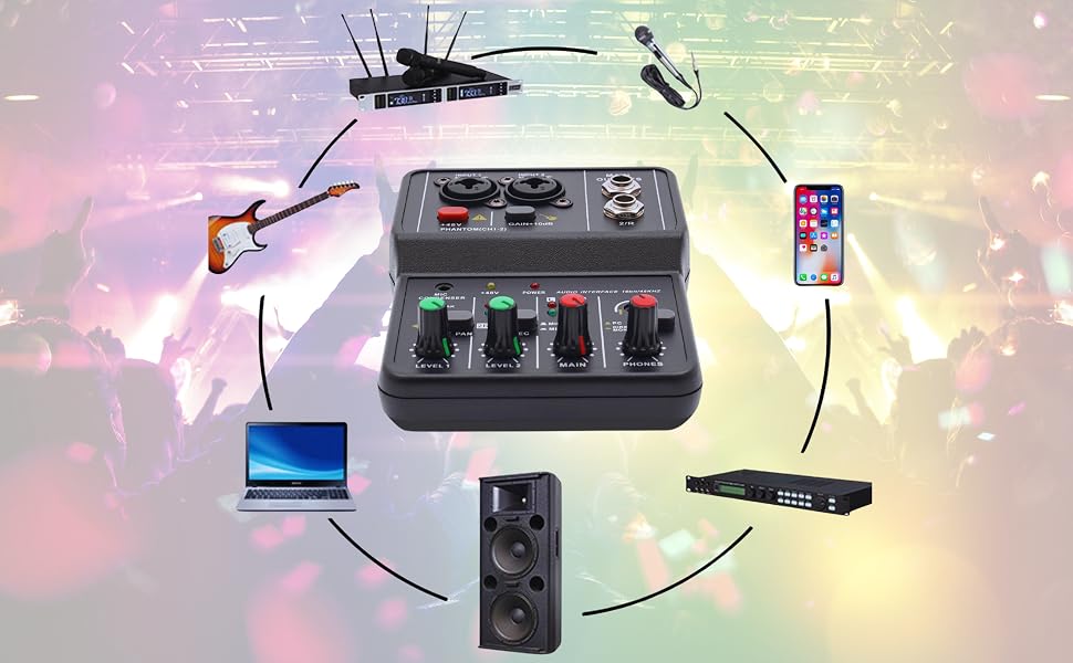 The mixer can be connected to microphones, cell phones, computers, tablets, etc.