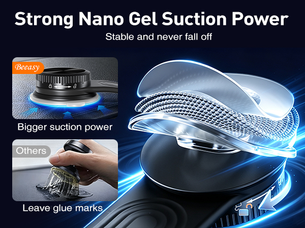 Text reads 'Strong Nano Gel Suction Power' and 'Stable and never fall off' with 'Bigger suction power' and 'Leave glue mark' labels. Shows nano gel suction device with blue glossy surface and grip demonstration.