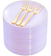 Festiva 200Pcs Purple Gold Dessert Plates 6.3" with Plastic Forks 5"- Disposable Lavender Purple ...