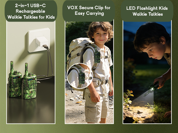 Text reads '2-in-1 USB-C', 'VOX Secure Clip', 'LED Flashlight Kids Walkie Talkies', 'Rechargeable', 'Easy Carrying'. Product collage showing camouflage-patterned walkie-talkie device with various usage angles and features.