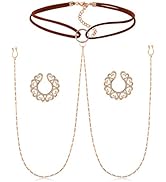 QWALIT Nipple Ring Stainless Steel Non Piercing Nipple Rings Nipplerings with Choker Chain Faux B...