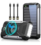 Solar Charger 38600mAh,Solar Power Bank Wireless Portable Charger Built in 3 Cables External Batt...