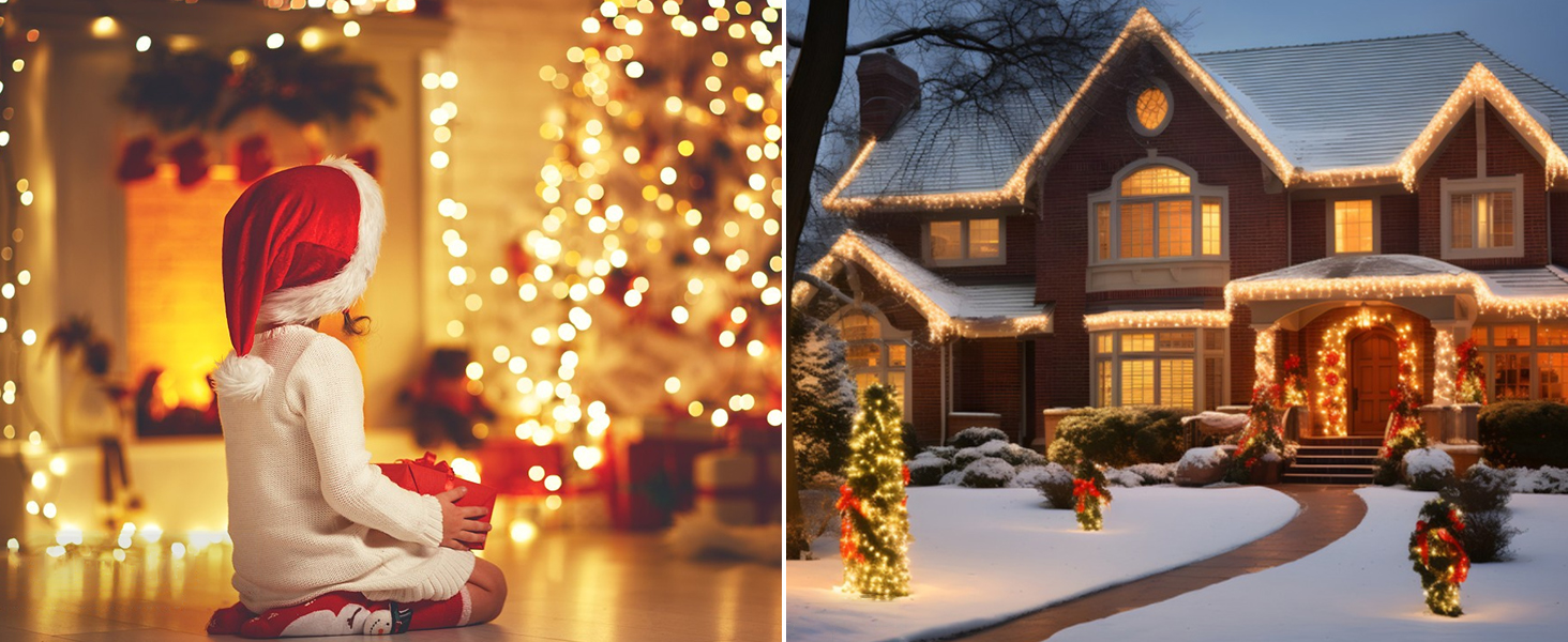 Two-panel image: Left shows a child in a Santa hat. Right shows a snow-covered house with Christmas lights and decorations at night.