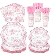 NatNarr 175 Pcs Pink Floral Plates and Napkins, 25 Guest Valentines Plates Scalloped Vintage Flor...