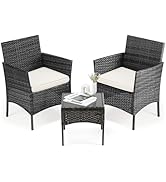 DUMOS 3 Piece Patio Furniture Set, All-Weather Outdoor Wicker Chairs with Removable Cushions & Te...