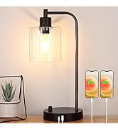 Industrial Table Lamp with USB A+C Charging Ports, Fully Stepless Dimmable Modern Nightstand Lamp...