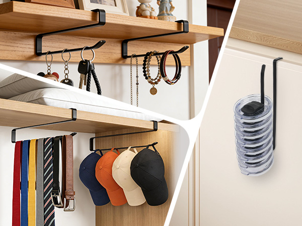 Holds lids, hats, scarves, belts. No drill or glue. Slide onto shelf – use upright or sideways.