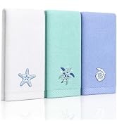 VISSTREE Ocean Beach Hand Towels, 3 Pcs Cotton Embroidered Blue Coastal Seashell Bathroom Towels ...