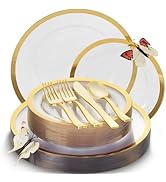 By Madee HEAVYWEIGHT Clear and Gold Plastic Plates for Party | Fancy Disposable Dinnerware Set | ...