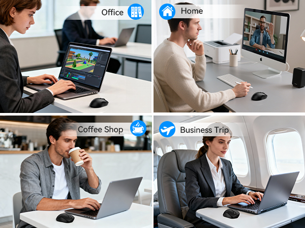 Text reads 'Office', 'Home', 'Coffee Shop', 'Business Trip'. Multiple images showing people working at computers in different settings.
