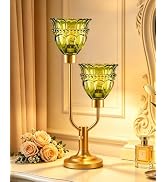 TECHYAP Vintage Mid Century Modern Table Lamp Dimmable Green Glass Lamp | Nightstand Lamp Desk La...