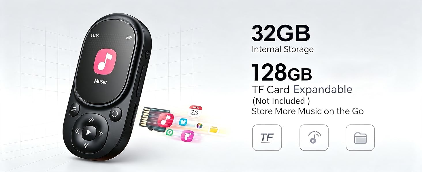 32GB MP3 player with 128GB expandable TF micro SD card slot for thousands of songs