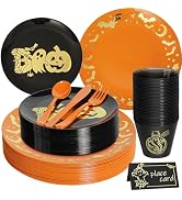 ISFANGCO 175PCS Plastic Spoof Dinnerware Set for 25 Guests,Heavy Duty Orange Dinner Plates with G...