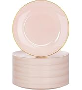 Nervure 100Pieces Pink and Gold Plastic Plates - 7.5inch Disposable Pink Salad/Dessert Plates - H...