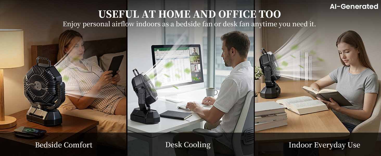 A versatile portable fan with light for bedside or desk use at home and office