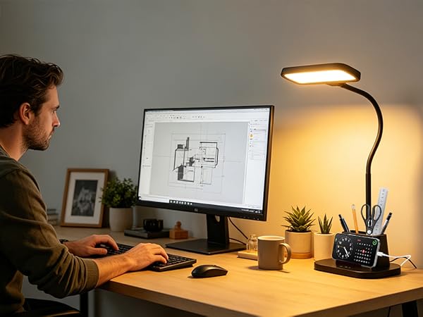 LED Desk Lamp for Dorm Room with Pen Holder USB Charging Port Small Reading Light for Home Office