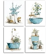 Frimeeme Botanical Bathroom Wall Art, 4-Piece Watercolor Canvas Prints, Teal and Gold, Unframed, ...