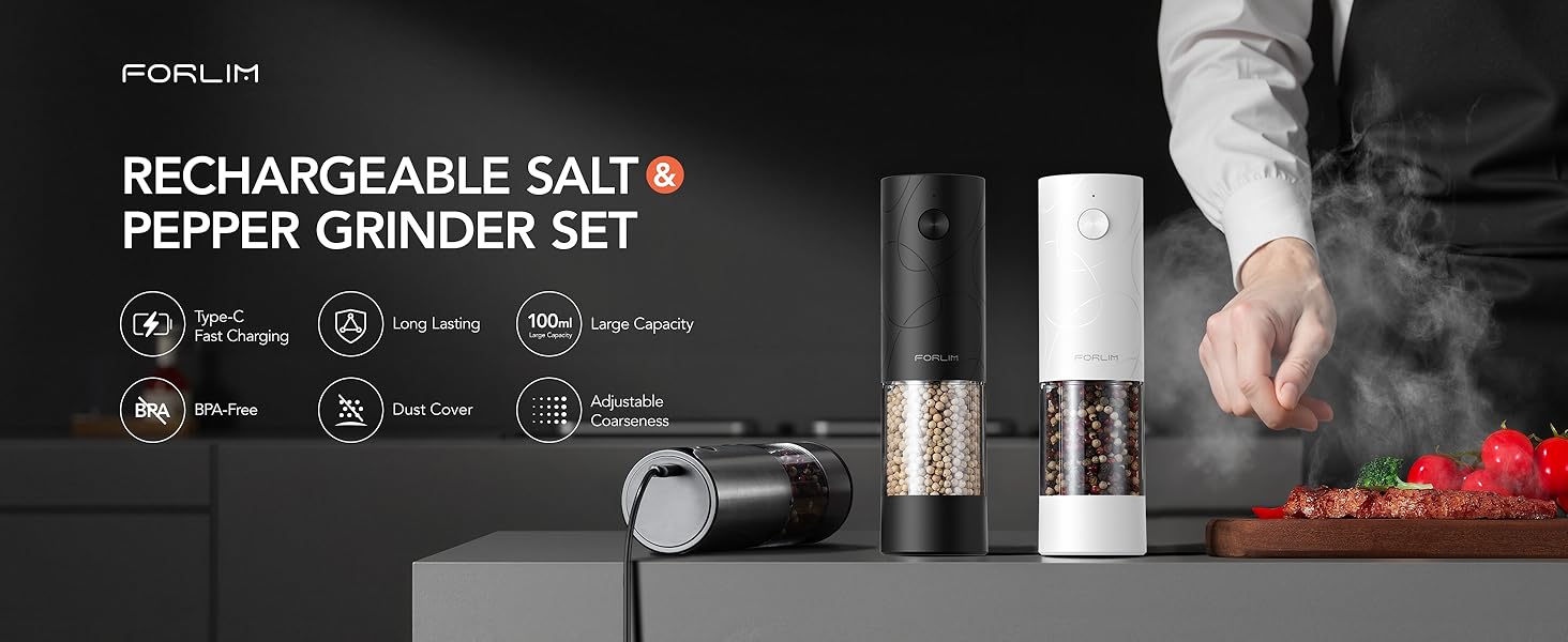 FORLIM rechargeable salt and pepper grinder set with USB-C charging and 100ml clear chambers