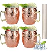 TJ Moscow Mule Mugs Set of 4, Rose Hammered Mule Cup 17 oz, Stainless Steel Lining Brass Handles ...