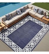 PureCozy Outdoor Plastic Straw Rug Navy Blue Large Outside Waterproof Outdoor Patio 8x10 Carpet G...