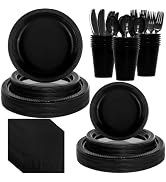 BCCSNNM 350 Pcs Black Plastic Plates and Napkins Party Supplies Serve 50 | Disposable Dinnerware ...