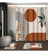 Tayney Boho Mid Century Shower Curtain Set with Toilet Lid Cover and Non-Slip Rugs, Abstract Geom...