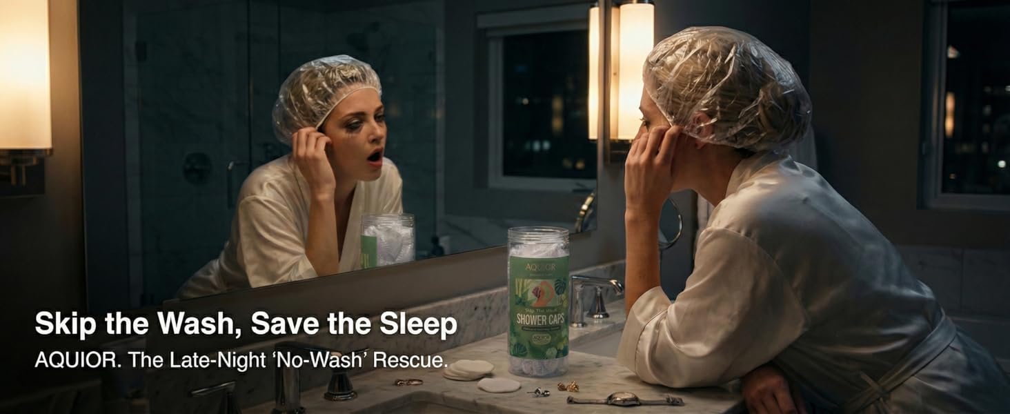 A tired beauty consumer's late-night rescue: skipping the wash with an Aquior disposable cap.