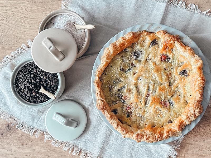 salt and pepper dishes and pie pan