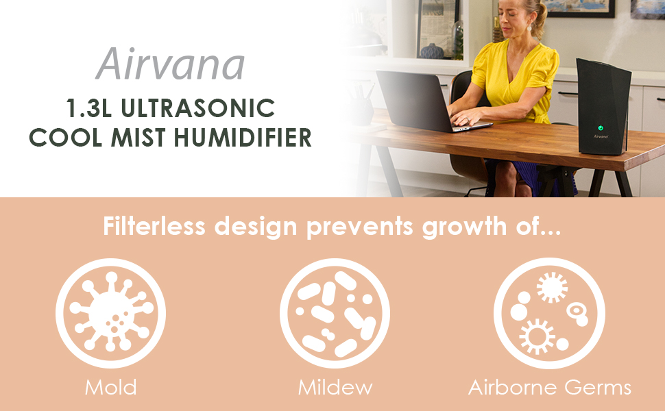 Airvana 1.3L Ultrasonic Cool Mist Humidifier prevents mold, mildew, and more