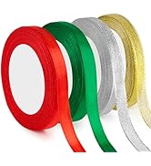 4 Rolls 3/8 Inch Christmas Ribbon Set, 100 Yards Red Green Satin Ribbon & Gold Silver Glitter Rib...