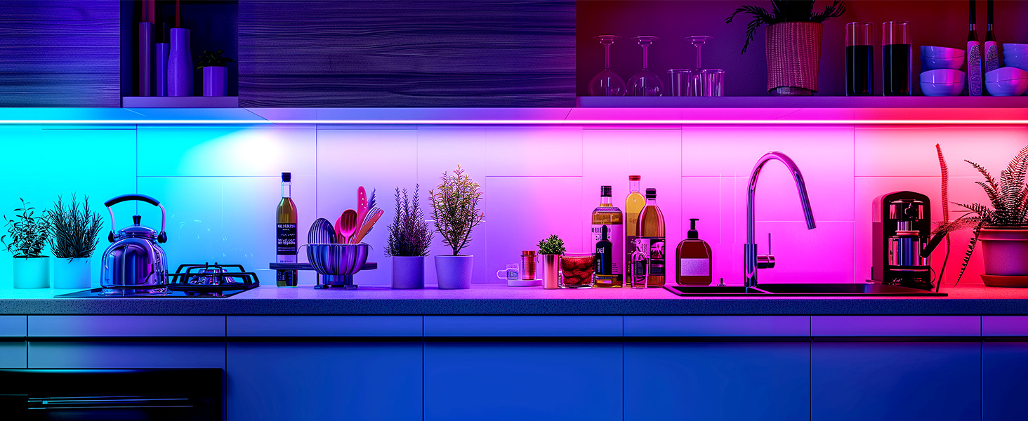 Modern kitchen countertop with colorful LED lighting. Various bottles, plants, and kitchen appliances are displayed under blue and pink illumination.