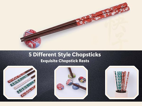 Reusable Wooden Chopsticks Set with Ceramic Chopstick Rests
