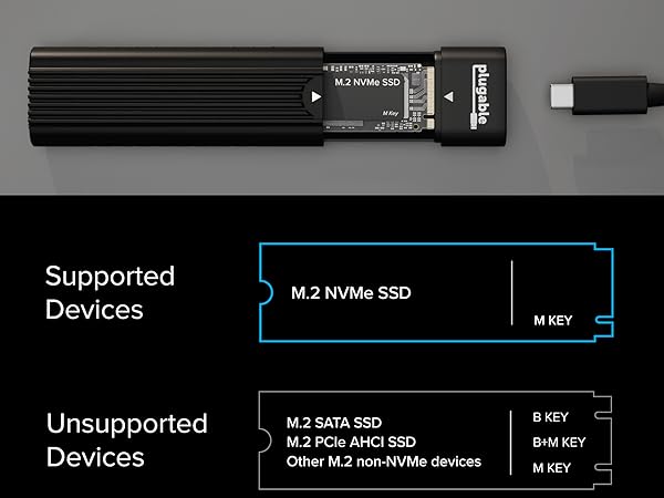 Open nvme ssd enclosure usb c with M.2 NVMe SSD inside and diagram showing supported devices