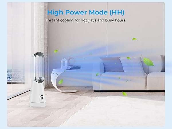 Text reads 'High Power Mode (HH)'. White standing tower fan in modern room setting with blue lighting, showing product features and cooling coverage.