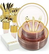 AIRE 175PCS Pink Gold Plastic Plates for Party Dinnerware Sets for 25 Guests, Disposable Plastic ...