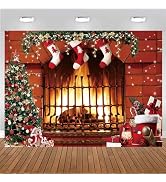 CHAIYA 7x5ft Christmas Fireplace Backdrop Xmas Tree Sock Background Photography for Kids Party De...