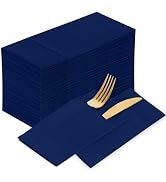 KAMMAK Blue Napkins Disposable 100 Pack Cloth like Paper Dinner Napkins Folded with Pocket Navy B...