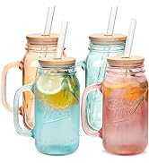 ANOTION Mason Jar with Handle - Colorful Drinking Glasses Colored Glass Cups with Lids and Straws...